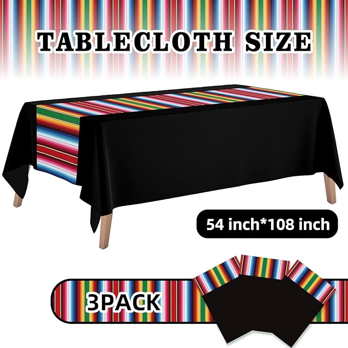 3 Pack Mexican Party Decorations Tablecloths - 108 x 54 Inch Black Fiesta Tablecloth with Serape Stripe for Cinco de Mayo, Taco Twosday Birthday & Outdoor BBQ