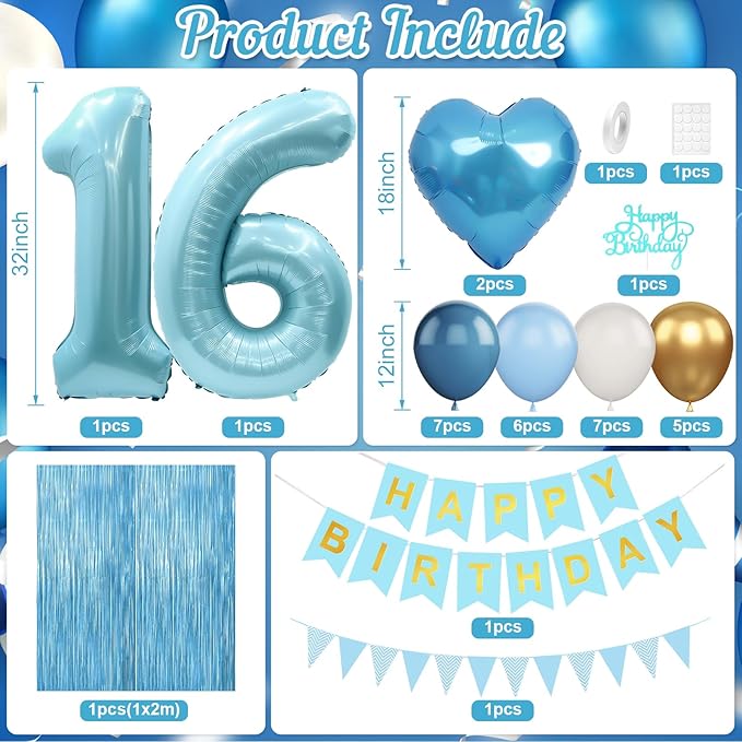 16th Birthday Decorations Blue White Gold,16th Birthday Balloons with Happy Birthday Banner Fringe Curtain Heart Foil Balloons for Boys Girls 16 Year Old Birthday Decor