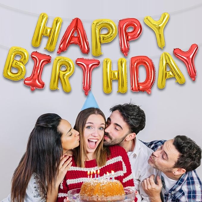 TONIFUL Happy Birthday Balloons Banner 16 Inch Mylar Foil Letters Birthday Sign Reusable for Girls Boys Kids & Adults Birthday Party Decorations Supplies（Gold Red）