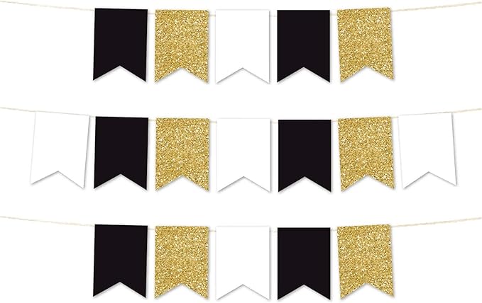 Andaz Press Hanging Pennant Banner with String, Black, White, Faux Gold Glitter, 1-Set, 24 Pennants, Approx. 12-Feet Long