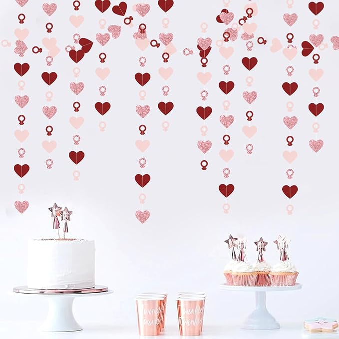 Rose-Gold Pink Burgundy-Red Heart-Ring Garland - 52Ft Engagement Bachelorette Party Decorations Wedding Paper Streamers Banner, Valentines Day Galentines Proposal Decor Lasting Surprise