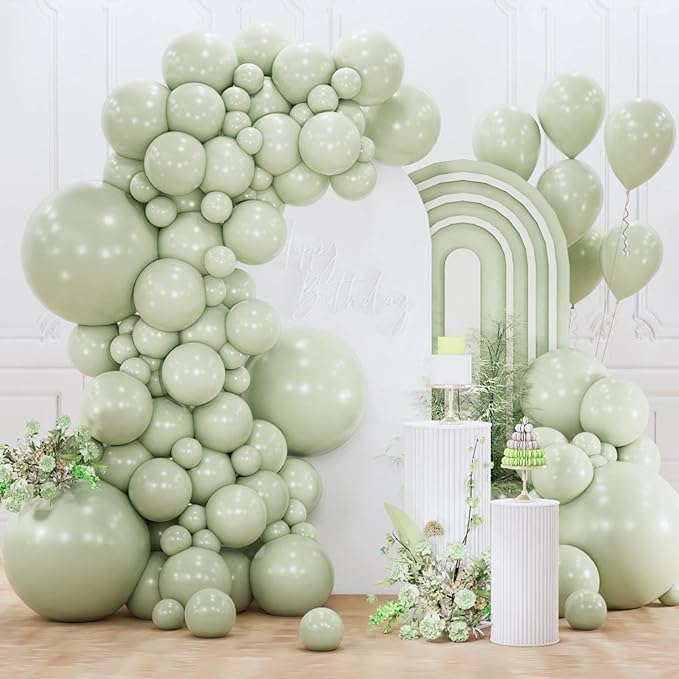 PartyWoo Sage Green Balloons 155pcs Different Sizes of 18 12 10 5 Inch Dusty Boho Green Latex Balloon Arch Kit for Wedding Birthday Dinosaur Jungle Golf Football Theme Party Decorations Green-F32
