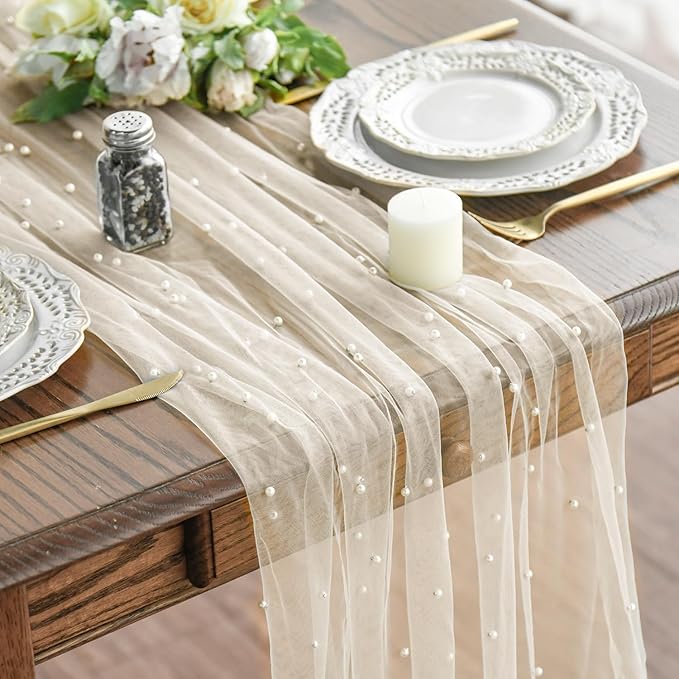 Artoid Mode 10PCS Pearl Beige Gauze Table Runner 120 Inch 10FT, Seasonal Sheer Dining Holiday Wedding Birthday Baby Shower Table Decor for Home Party