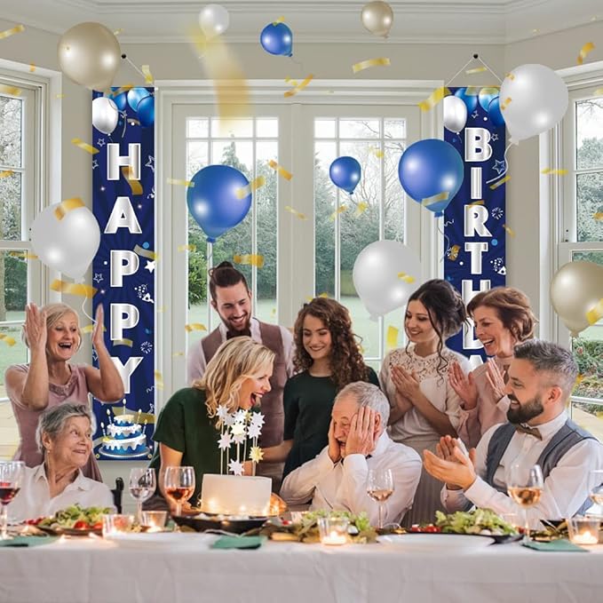 Blue Silver Birthday Decorations Banner, Happy Birthday Door Sign, Polyester, 72 x 12 Inch, for Men Women Boys Girls, Reusable, Ideal Party Supplies