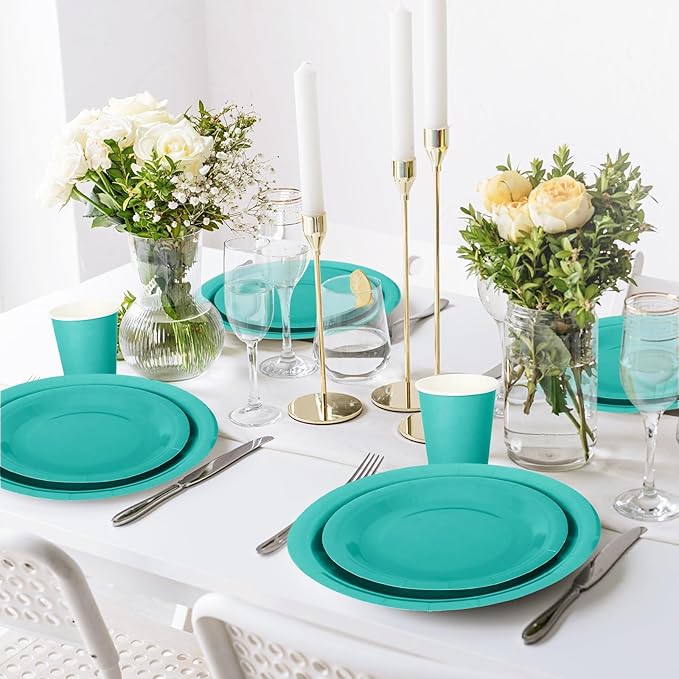 Whaline 100Pcs Teal Tableware Set Teal Blue Disposable Dinnerware 50Pcs Paper Plate 25Pcs Napkin 25Pcs Cup for Birthday Wedding Baby Shower Family Picnic Party Supplies Table Decor