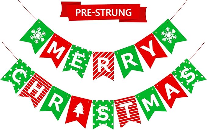 Pre-Strung Christmas Party Decorations – Merry Christmas Banner Indoor,Green Red Vintage Xmas Banner Decor Sign for Festive Holiday Home Party,Fireplace Mantel,Farmhouse,Wall,Window,Office