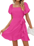 Sampeel Womens Summer Dresses Square Neck Puff Sleeve Tie Waist Short Dress