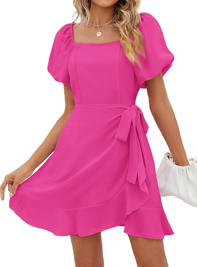 Sampeel Womens Summer Dresses Square Neck Puff Sleeve Tie Waist Short Dress