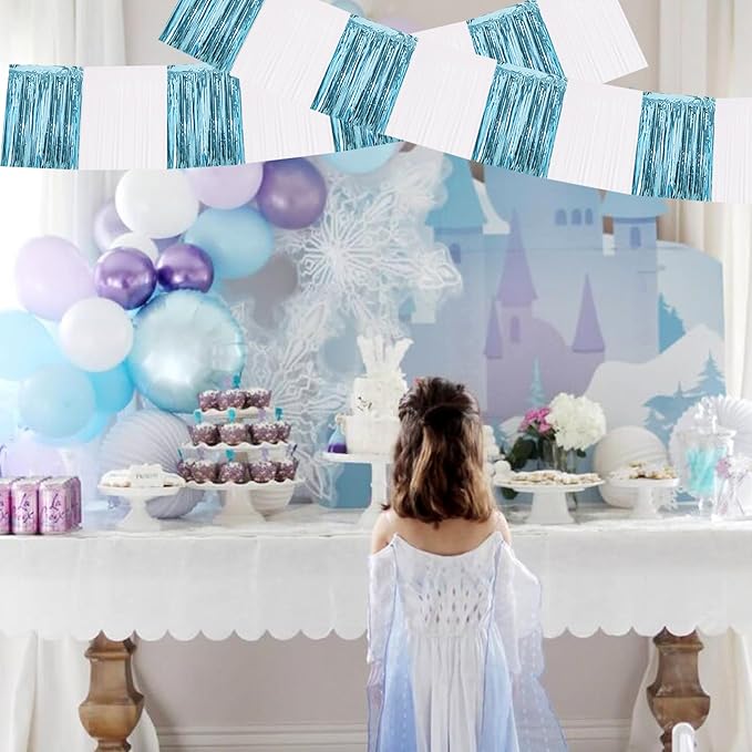 BEISHIDA 3 Packs Metallic Foil Fringe Garland Light Blue White Wall Hanging Tinsel Fringe Banners for Car Floats Bridal Shower Wedding Birthday Graduation Holiday Party Decoration(30 Feet)