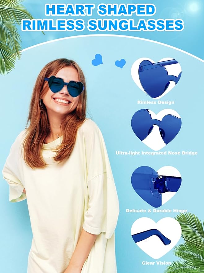 12 Pairs Heart Shaped Sunglasses for Women Colorful Glasses Fun Trendy Transparent Heart Sunglasses Party Favor (1 Pair-Dark Blue)