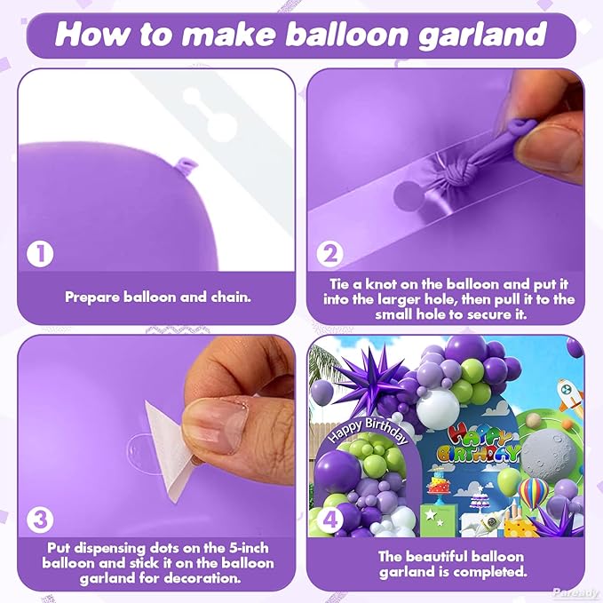 Green Purple White Balloon Arch Kit, 120pcs Lemon Green Retro Purple Balloons With Purple Foil Star Balloon Different Sizes For Outer Space Themed Birthday Baby Shower Party Decorations