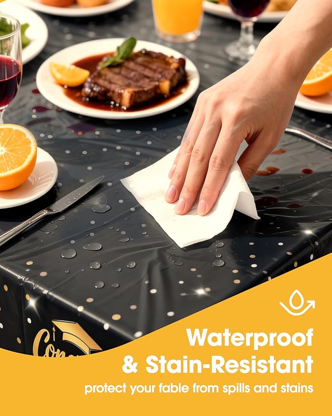 Graduation Black Plastic Table Cloth - 4 Pack 54" × 108" Rectangle Disposable Tablecloths for 6FT Tables, Table Cover for Party, Holiday & Gathering Use