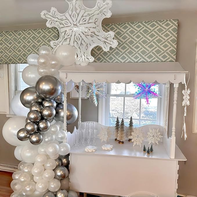 Pearl White Winter Wonderland Balloons, 12 Inch Pearl Sand White and Metallic Silver Snowflakes Balloons for Ice Snow Wonderland Wedding Baby Shower Birthday Christmas New Year’s Party Decorations