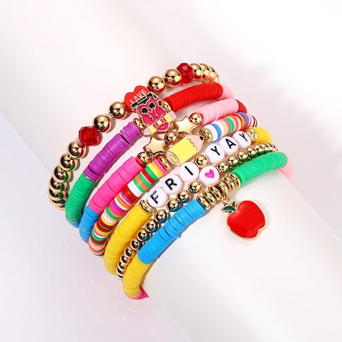 Surfer Heishi Bracelets for Women Stackable Rainbow Vinyl Disc Clay Beaded Stretch Bracelets Elastic Layering Friendship Bracelets Boho Summer Beach Jewelry
