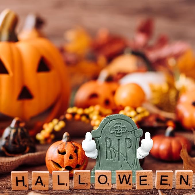 Halloween Graveyard Tombstone Statue Middle Finger Figurines Cute Mini Halloween Desk Ornaments Decor Spooky Sculpture for Home Office Decor Holiday Party Decorations
