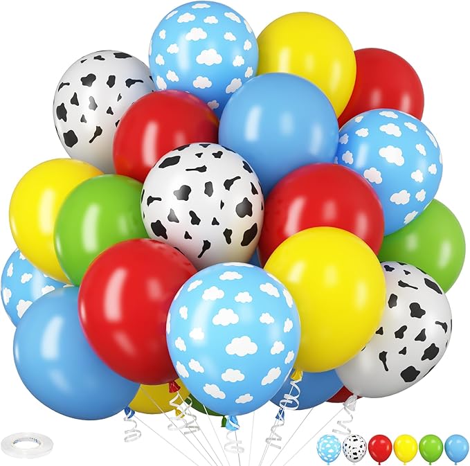 Toy Inspired Story Balloons, 12 Inch Cow Print Sky Blue Cloud Balloons Red Blue Yellow Green Balloons for Kids Boys Birthday Party Farm Themed Halloween Party Decorations