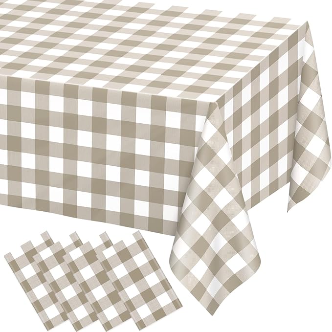 WNINK 4 Pack Brown Checkered Rectangular Plastic Tablecloths, Brown and White Gingham Waterproof Disposable Table Covers 54" x 108" for Birthday, Baby Shower, Wedding, Outdoor Picnic Parties