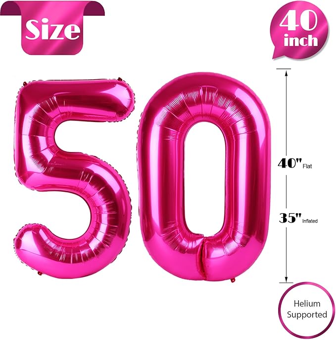 50 Balloon Number, Hot Pink Number 50th Birthday Balloons 40 Inch, 50 Years Old Hot Pink Birthday Decorations for Men Women, 50th Anniversary Decorations