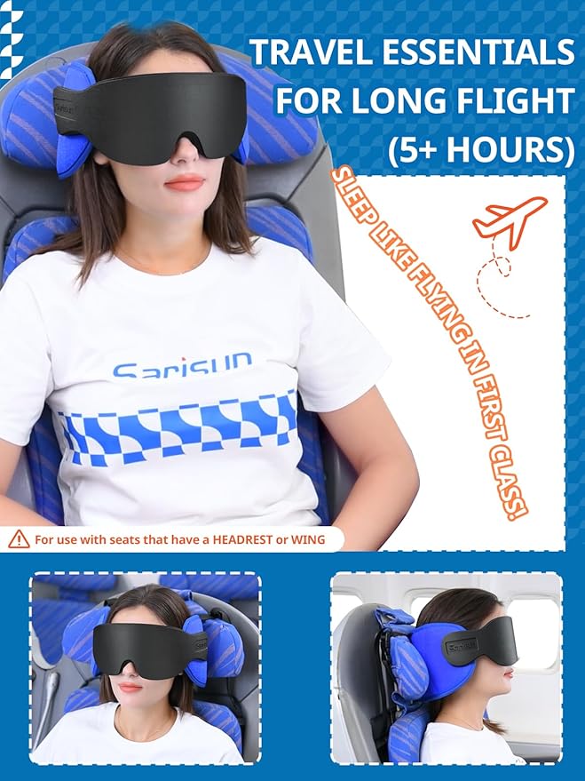 SARISUN Travel Pillows for Airplanes, Airplane Pillow for Long Flight Car Road Trip, Airplane Head Strap with Sleep Eye Mask, 360° Support Headrest, Stop Bobblehead Travel Neck Pillow, Stripe Black