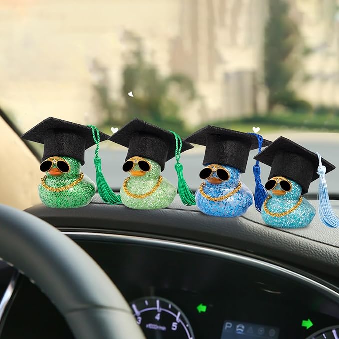 wonuu Car Dashboard Decor Graduation Hat Color Rubber Duck, Car Ducks Ornaments with Mini Graduation Hat Necklace Sunglasses (Light Blue)