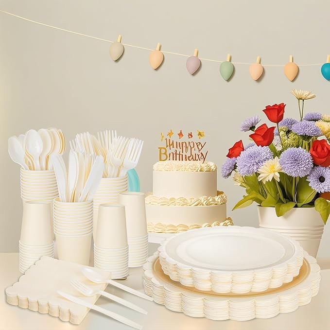 LIYH 350 Pcs Ivory Paper Plates and Napkins 50 Guest Cream Party Supplies Include Ivory Scalloped Disposable Paper Plates Cocktail Napkins Cups Spoons Forks Knives for Baby Shower,Birthday