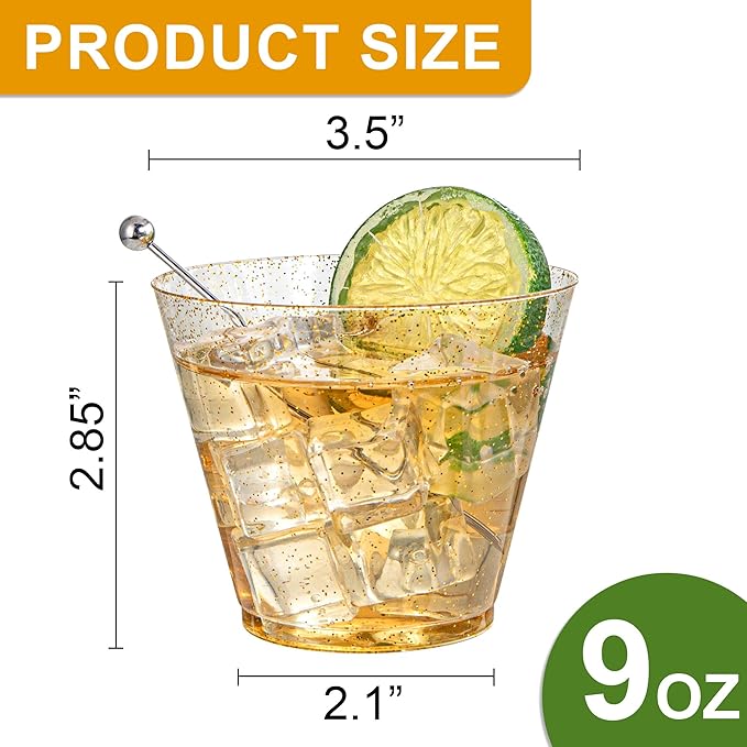 Hioasis 200Pcs 9OZ Gold Glitter Plastic Cups - Gold Plastic Cups, Heavy Duty & BPA-free for Party, Wedding, Celebrations