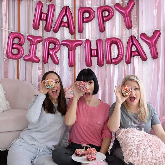 TONIFUL Happy Birthday Balloons Banner with Ribbon Straw,16 Inch Mylar Letters Birthday Sign Banner Balloon Bunting Reusable for Kids & Adults Construction Birthday Party Supplies（Wine Red）