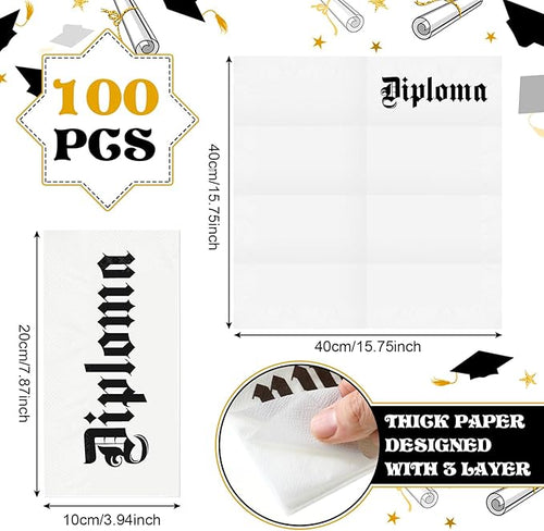 100 Set Graduation Diploma Guest Napkins Gold Rolled Silverware Disposable Grad Award Dinner Napkin with Ribbon and Scissors for Celebration