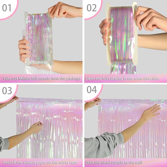 Melsan Transparent Backdrop Curtain, 3.28 x 8ft Extra Long Clear Foil Fringe Curtain with Extra Backup Tape, Soft Shimmer Party Decoration for Baby Shower, Candy Theme & Photo Booth, 2 Pack