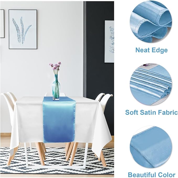 12Pack 12x108 Inch Satin Table Runner and 54x108Inch Plastic Tablecloths White Light Blue Disposable Rectangle Table Cover for Graduation Wedding Bridal Shower Anniversary Birthday Party Decorations
