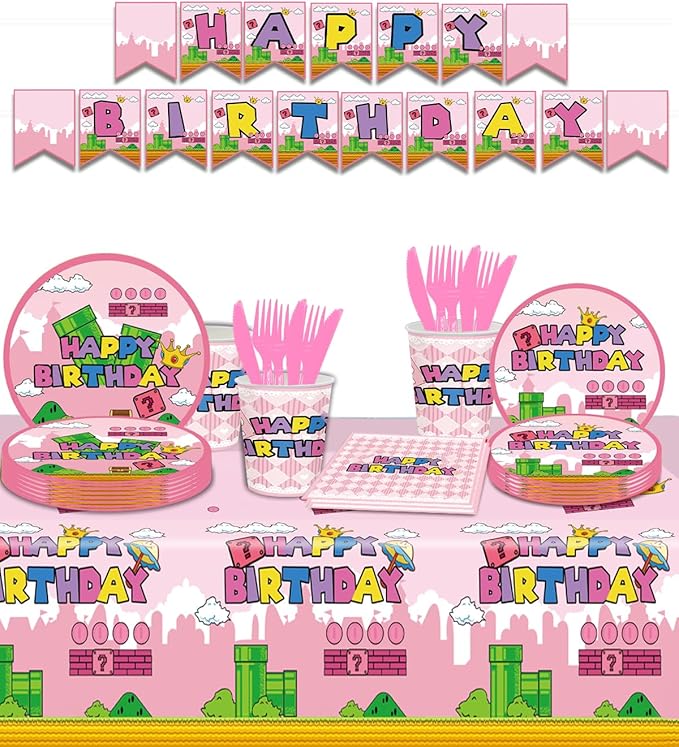 122Pcs Super Bros Peach Party Disposable Tableware Supplies Girls Princess Birthday Table Decoration Kit for 20-Guests Includes Banner, Tableloth, Plates, Cups, Napkins, Forks and Knives