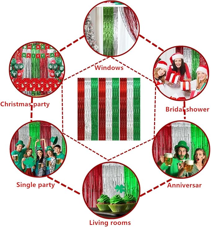 3 Pack Christmas Foil Fringe Curtains, 3.3 x 6.6 ft Red Silver Green Tinsel Fringe Party Photo Backdrop for Christmas, New Year,Ugly Sweater Party Decorations