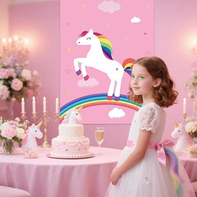 PLULON Pin The Horn On The Unicorn for Kids Birthday Party Game, Unicorn Party Supplies Favors Girls Birthday Decorations Poster Home Family Wall Decorations for Girl Boy Classroom Activities