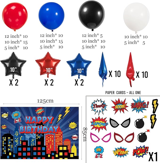 Blue Red Black white Balloon Garland Arch Kit 140PCS with backdrop card stickers Large Starburst mylar balloons for Spider Theme boy birthday Party Man Superhero inspired decorations