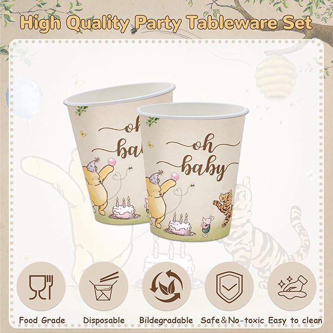 120PCS Vintage Winnie Bear Party Supplies for Kids Brown Birthday Party Set Baby Shower Bear Decorations Plates Napkin Cups Tableware Set for 20 Guests