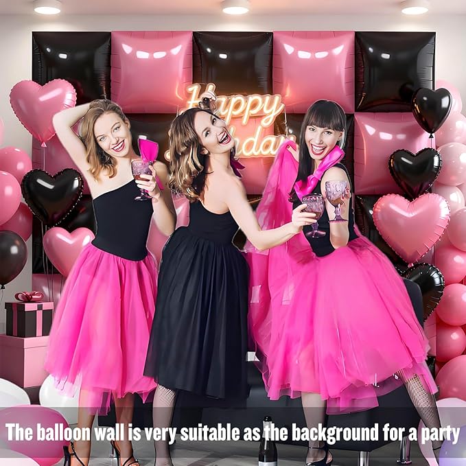 50Pcs Pink and Black Square Foil Balloons Wall Backdrop, Double Sided Metallic Foil Balloons Tunnel Arch Garland Kit for Photo Booth Birthday Wedding Halloween Christmas Party Decorations