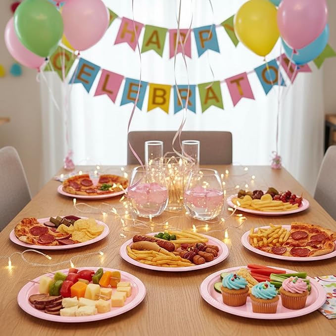 Pink Plastic Plates for Party,Disposable Tableware Kit for Birthday Wedding Baby Shower,50Set