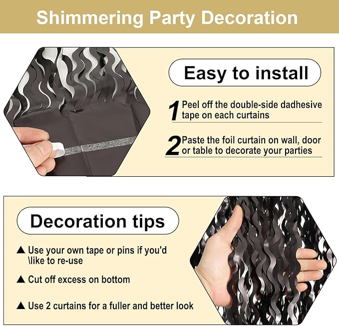 4 Pack Black Wave Foil Fringe Curtain Backdrop, 3.28Ft x 8.2Ft Metallic Tinsel Foil Fringe Streamer Curtains for Photo Booth, Mother's Day, Easter, Birthday, Wedding Party Decoration