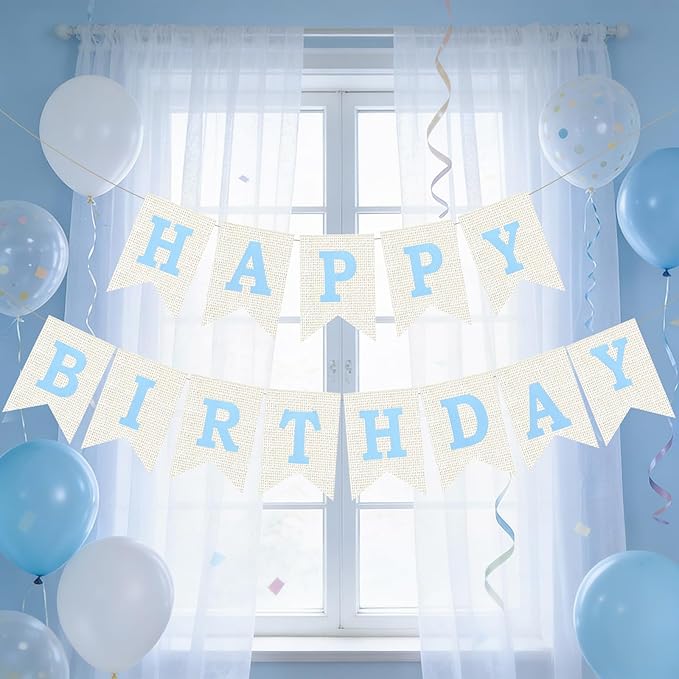 Burlap Happy Birthday Banner, Blue Assembled Happy Birthday Banner Sign Garland for Boys Girls Rustic Party Decorations