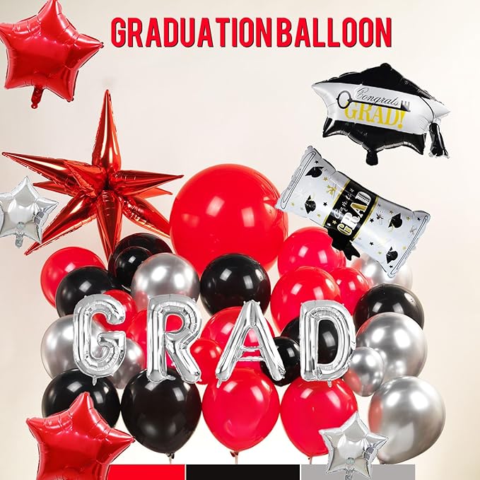 Black Red and Silver Balloon Garland Arch Kit 130+ Pieces with Red and Silver Stars, Graduation Certificate Graduation Cap GRAD Letters Mylar Balloons for 2026 Graduation Prom Decorations
