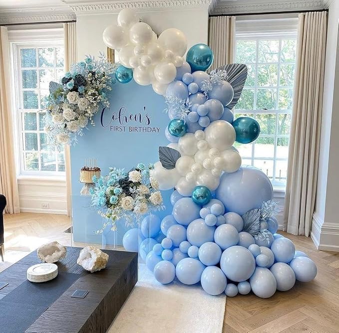 200Pcs Blue and White Balloon Garland Arch Kit - Light Blue White Balloons 18 12 10 5 Inch Different Size Balloons for Birthday Baby Shower Bachelorette Gender Reveal Party Decoration Supplies
