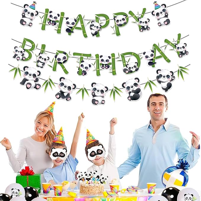 Zwiebeco Pandas Happy Birthday Party Decoration Green Black White Bamboo Leaves Sign Banner Hanging Paper Garland Bunting for Babys Kids Themed Accessories Supplies