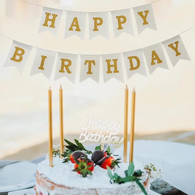 Happy Birthday Banner, Pre-Strung Burlap Happy Birthday Sign Garland, White and Gold Birthday Decorations for Girl Men Women