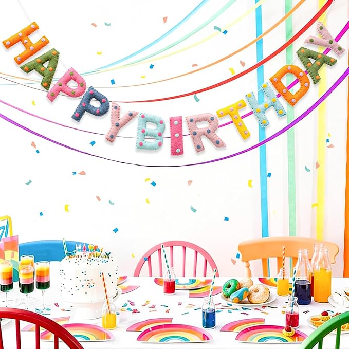 Pre-Strung Handmade Wool Felt Colorful Happy Birthday Banner, Unique 3D Confetti Dots Happy Birthday Garland Decor, Reusable Happy Birthday Sign for Boho Rainbow Party Backdrop Decorations