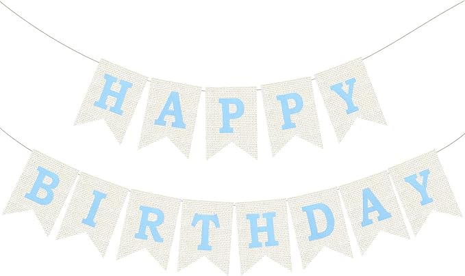 Burlap Happy Birthday Banner, Blue Assembled Happy Birthday Banner Sign Garland for Boys Girls Rustic Party Decorations