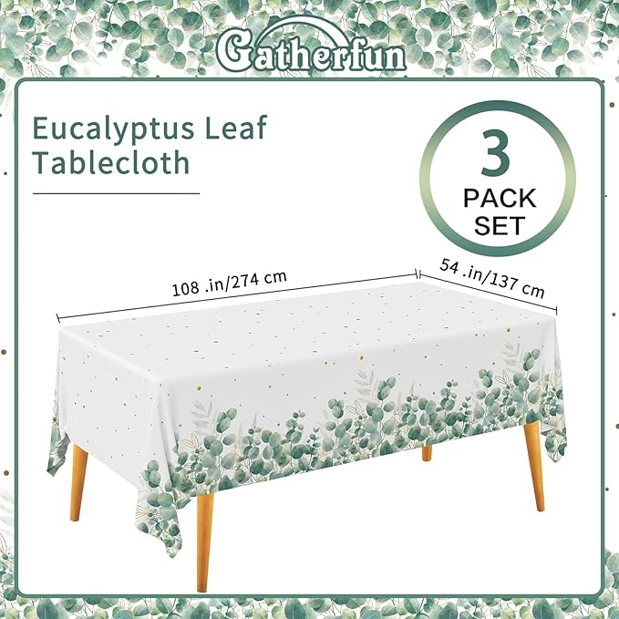 Gatherfun Sage Greenery Baby Shower Disposable Tablecloth, Plastic Table Cover for Baby Shower Party,Boho Greency 3 PCS, 54”x 108”