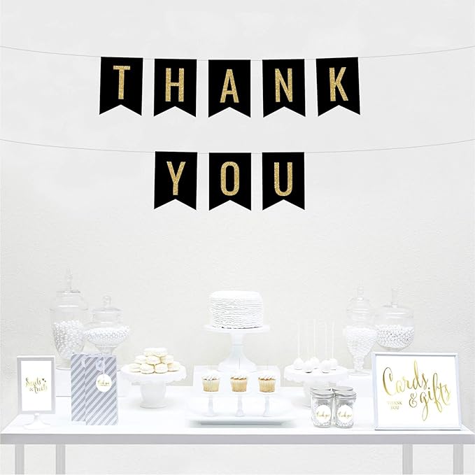 Andaz Press Faux Gold Glitter on Black Party Banner Decorations, Thank You, Approx 5-Feet, 1-Set, Birthday Wedding Baby Shower Colored Hanging Pennant Decor