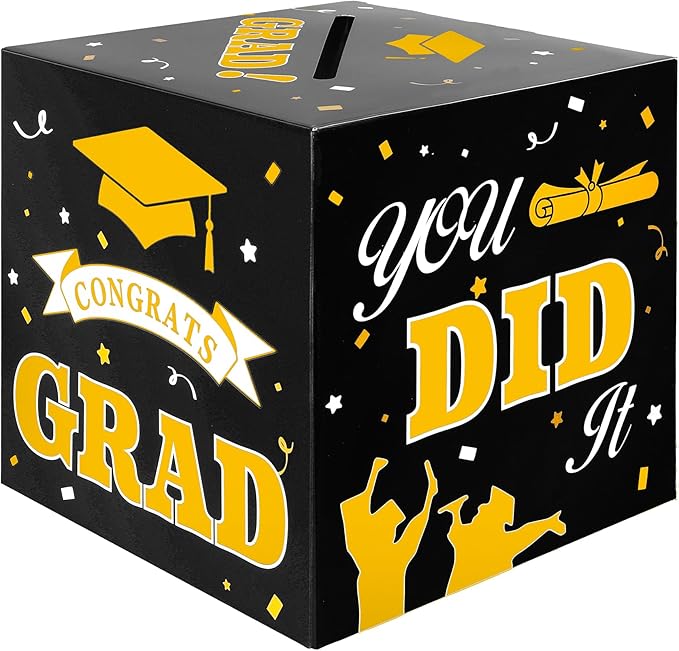 Graduation Card Box, 2025 Graduation Party Decorations, Black Gold Graduations Card Holder, Foldable Cardboard Decoration Congrats Grad Card Gift Box Class of 2025 for Graduations Party Favor Supplies