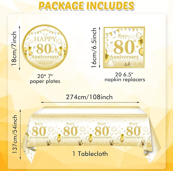 41PCS Gold Party Decorations 80th Party Tableware Set 1945 80th Theme Birthday Party Table Decoration Supplies Cheers to 80 Years Paper Plate Napkin Tablecloth for Wedding Anniversary Party Supplies