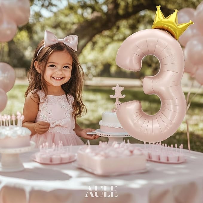 AULE 40 Inch Big Pink 3 Balloon Number with Crown Large Foil Helium Number Balloons 0-9 Jumbo Giant Happy 3rd Birthday Party Decorations Huge Mylar Anniversary Party Supplies